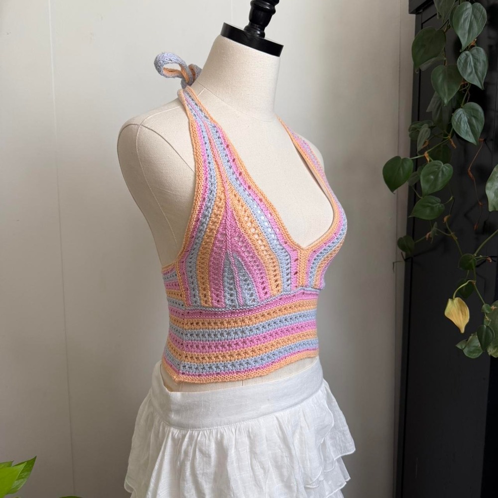 Hollister Knitted Halter Crop Top Pink Blue Orange Striped Festival Size XS